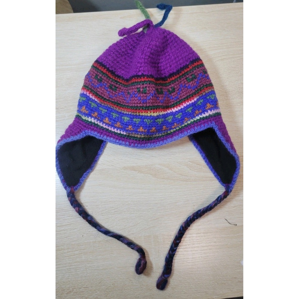 Ganesh‎ Himal 100% Wool Knit Earflap Hat Purple Fair Isle Fleece Lined Nepal